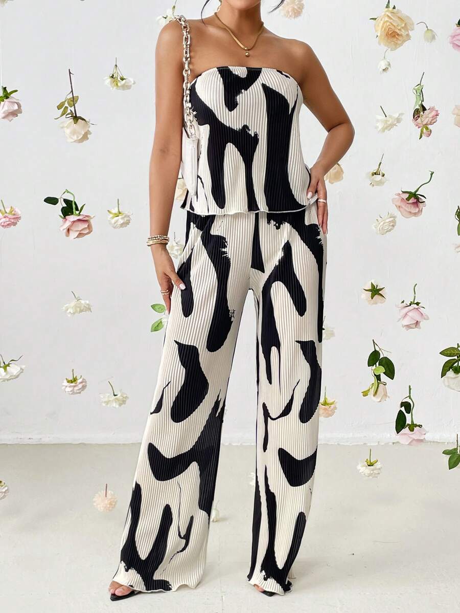 SHEIN Privé Graphic Print Tube Top & Wide Leg Trousers - Multicolor - View 1