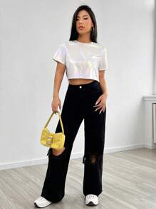 SHEIN EZwear 夏季白色y2k實色圓領t恤 - 白色 - 查看 3