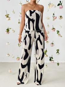 SHEIN Privé Graphic Print Tube Top & Wide Leg Trousers - Multicolor - View 4