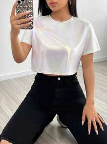 SHEIN EZwear 夏季白色y2k實色圓領t恤 - 白色 - 查看 4