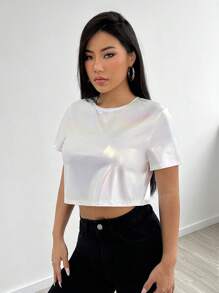 SHEIN EZwear 夏季白色y2k實色圓領t恤 - 白色 - 查看 5