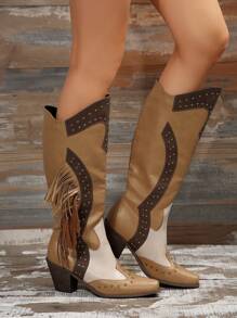 女士色塊流蘇粗跟西部靴，時尚靴款，女士牛仔靴 - 棕色 - 查看 5