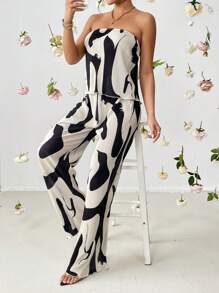 SHEIN Privé Graphic Print Tube Top & Wide Leg Trousers - Multicolor - View 5