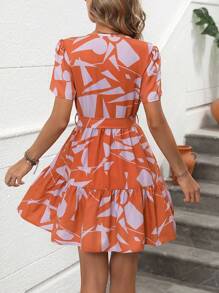 Breezaya Allover Print Puff Sleeve Ruffle Hem Belted Dress - Multicolor - View 3