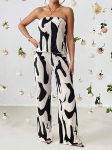 SHEIN Privé Graphic Print Tube Top & Wide Leg Trousers - Multicolor - View 6