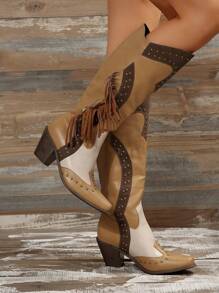 女士色塊流蘇粗跟西部靴，時尚靴款，女士牛仔靴 - 棕色 - 查看 7