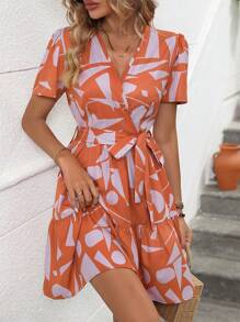 Breezaya Allover Print Puff Sleeve Ruffle Hem Belted Dress - Multicolor - View 6