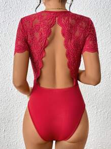 SHEIN Privé Contrast Lace Backless Scallop Trim Bodysuit - Red - View 1