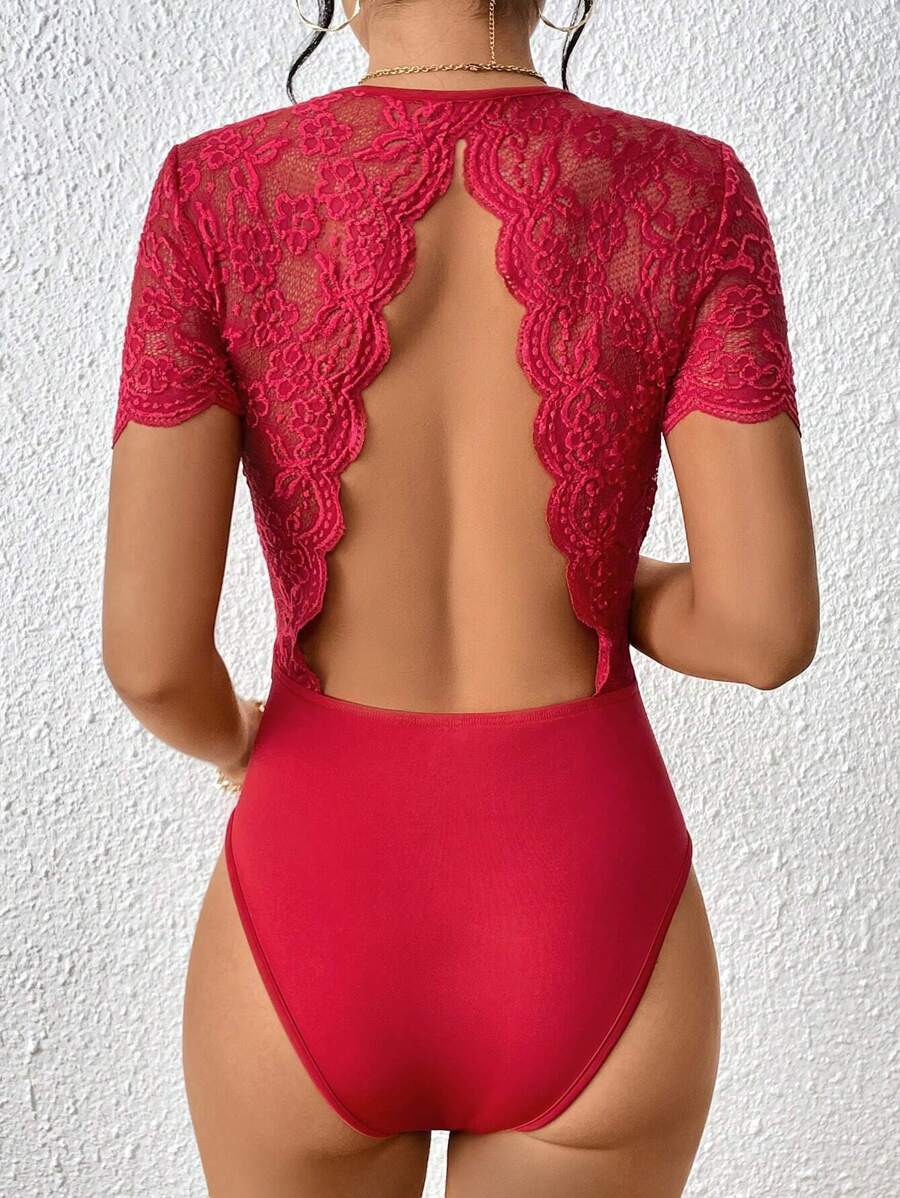 SHEIN Privé Contrast Lace Backless Scallop Trim Bodysuit - Red - View 1