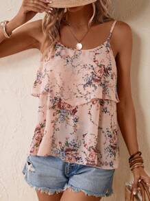 SHEIN VCAY 印花荷葉邊吊帶上衣