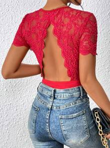 SHEIN Privé Contrast Lace Backless Scallop Trim Bodysuit - Red - View 4