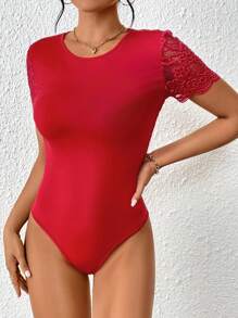 SHEIN Privé Contrast Lace Backless Scallop Trim Bodysuit - Red - View 5