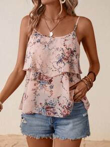 SHEIN VCAY 印花荷葉邊吊帶上衣