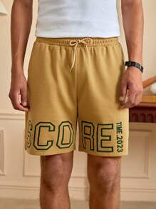 ROMWE MEN Prep 男士字母圖案腰部抽繩短褲 - 駝色 - 查看 1
