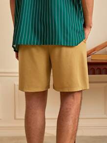 ROMWE MEN Prep 男士字母圖案腰部抽繩短褲 - 駝色 - 查看 2