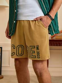 ROMWE MEN Prep 男士字母圖案腰部抽繩短褲 - 駝色 - 查看 3