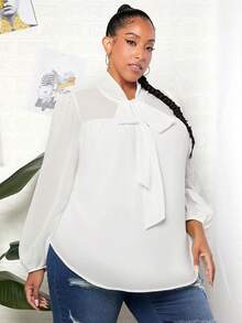 SHEIN CURVE+ Hơn Cà vạt Tay áo lồng đèn Áo sơ mi - trắng - Xem 3