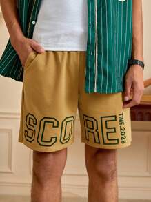 ROMWE MEN Prep 男士字母圖案腰部抽繩短褲 - 駝色 - 查看 5