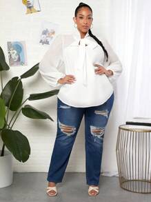 SHEIN CURVE+ Hơn Cà vạt Tay áo lồng đèn Áo sơ mi - trắng - Xem 4