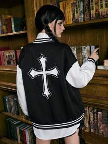 ROMWE 交叉印花落肩袖雙色條紋飾邊學院風夾克 - 黑與白 - 查看 1