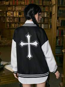 ROMWE 交叉印花落肩袖雙色條紋飾邊學院風夾克 - 黑與白 - 查看 3