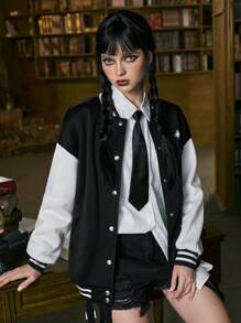 ROMWE 交叉印花落肩袖雙色條紋飾邊學院風夾克 - 黑與白 - 查看 5