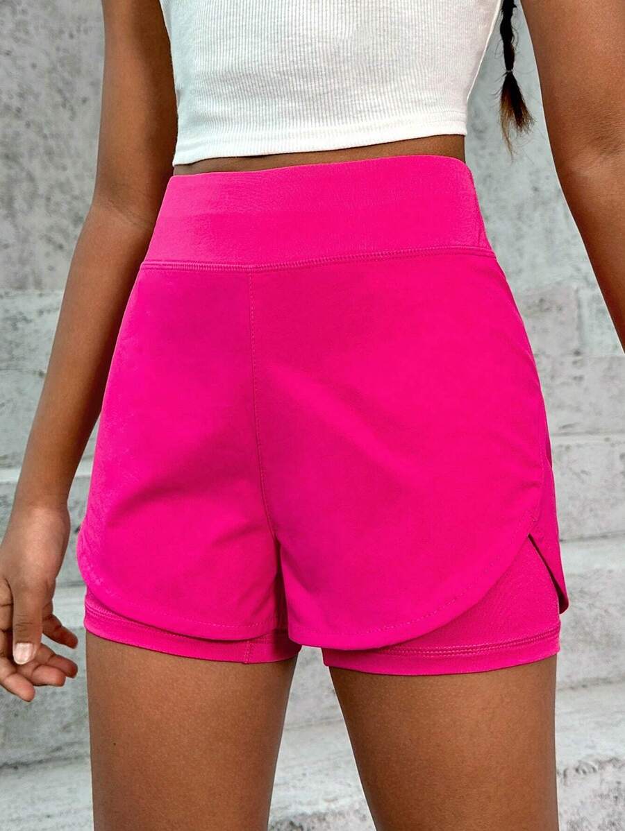 SHEIN 女大童寬腰帶二合一鬱金香下擺活躍短褲 - 玫紅色 - 查看 1