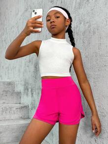 SHEIN 女大童寬腰帶二合一鬱金香下擺活躍短褲 - 玫紅色 - 查看 4