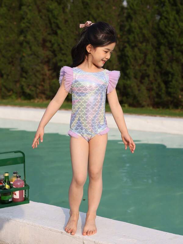 Tween Girl Fish Scales Print Ruffle Trim One Piece Swimsuit SHEIN USA