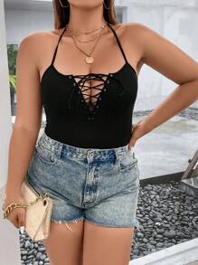 SHEIN Unity Plus Lace Up Front Halter Top - Black - View 3