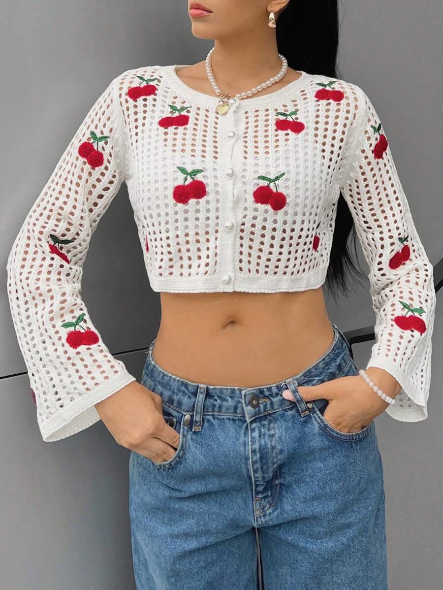 SHEIN EZwear 櫻桃圖案網眼針織短款開衫 - 白色 - 查看 1
