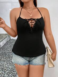 SHEIN Unity Plus Lace Up Front Halter Top - Black - View 7