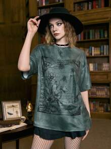 ROMWE Academia Floral & Slogan Graphic Tie Dye Drop Shoulder Tee