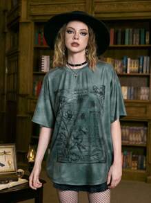 ROMWE Academia Floral & Slogan Graphic Tie Dye Drop Shoulder Tee