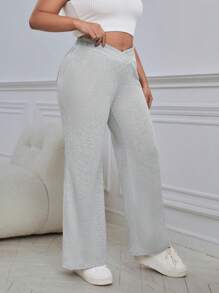 SHEIN Essnce Plus Solid Flare Leg Sweatpants - Light Grey - View 3
