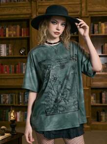 ROMWE Academia Floral & Slogan Graphic Tie Dye Drop Shoulder Tee