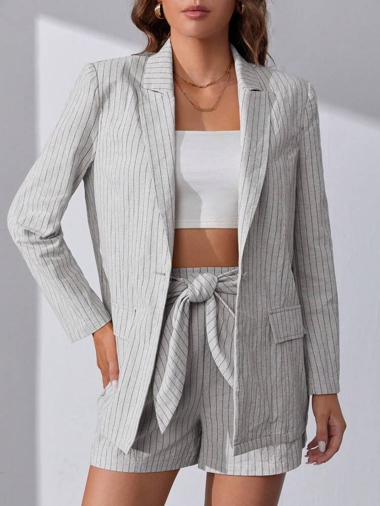 Striped Print Blazer & Knot Front Shorts Without Tube Top
