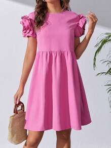 SHEIN Tall Solid Puff Sleeve Smock Dress - Hot Pink - View 1