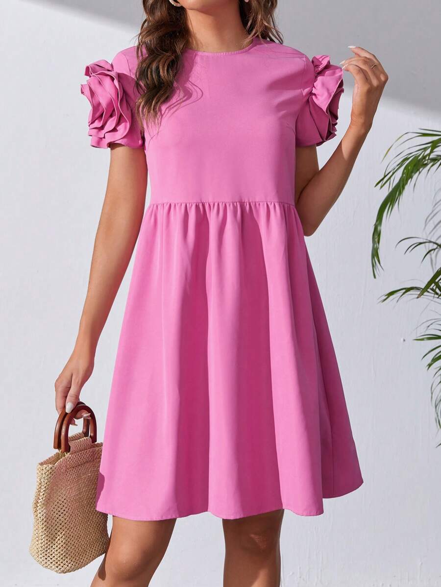 SHEIN Tall Solid Puff Sleeve Smock Dress - Hot Pink - View 1