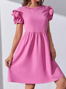 SHEIN Tall Solid Puff Sleeve Smock Dress - Hot Pink - View 3