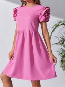 SHEIN Tall Solid Puff Sleeve Smock Dress - Hot Pink - View 5