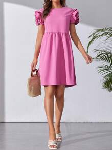 SHEIN Tall Solid Puff Sleeve Smock Dress - Hot Pink - View 6