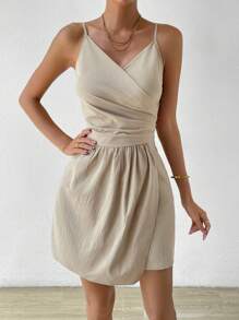 SHEIN Privé 素色圍裹下擺吊帶連體短褲 - 卡其色 - 查看 7