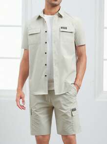 GENTILAND Men Letter Patched Flap Pocket Shirt & Drawstring Waist Shorts - Beige - View 1