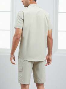 GENTILAND Men Letter Patched Flap Pocket Shirt & Drawstring Waist Shorts - Beige - View 2