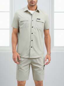 GENTILAND Men Letter Patched Flap Pocket Shirt & Drawstring Waist Shorts - Beige - View 5