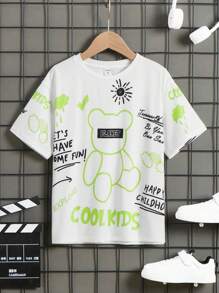 SHEIN Tween Boy Round Neck Pattern Short Sleeve Tee, Suitable For Summer - White - View 1