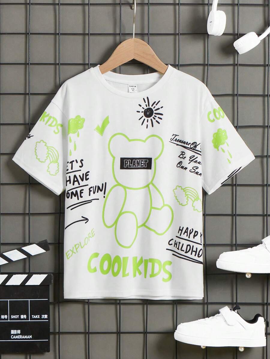 SHEIN Tween Boy Round Neck Pattern Short Sleeve Tee, Suitable For Summer - White - View 1
