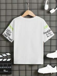 SHEIN Tween Boy Round Neck Pattern Short Sleeve Tee, Suitable For Summer - White - View 2