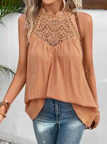 SHEIN Frenchy 拼接水溶蕾絲後鎖孔背心上衣 - 珊瑚橙 - 查看 4